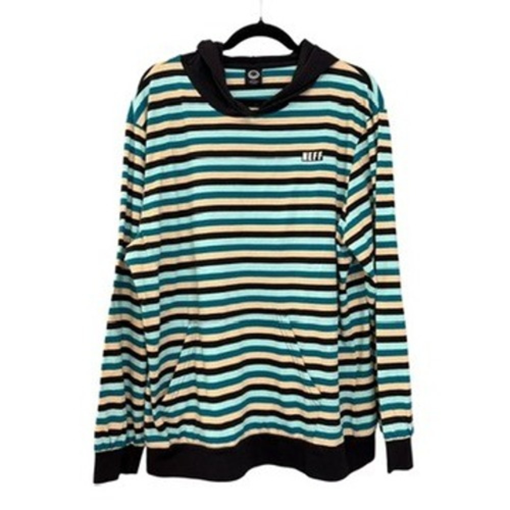 Neff Striped Hooded Shirt XL Blue Tan Black Skate Streetwear Long Sleeve Hoodie